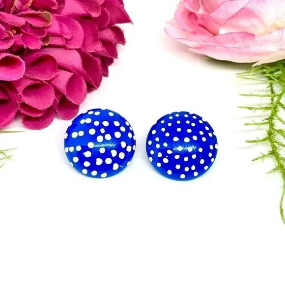 VINTAGE⚜️RETRO Blue Polka Dot Earrings - Picture 1 of 5